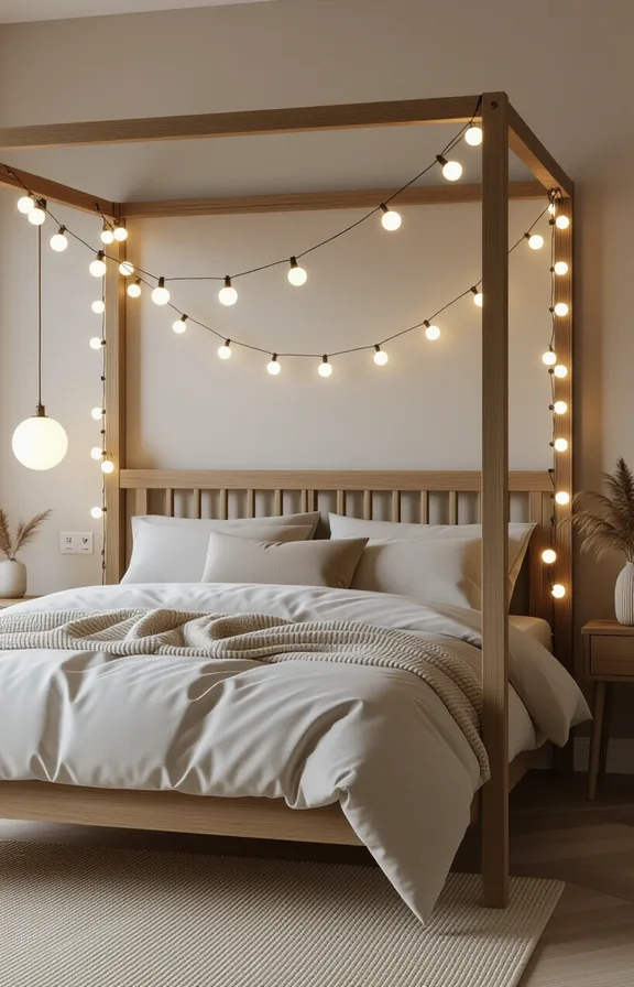 3/4 view delicate string globe lights draped around