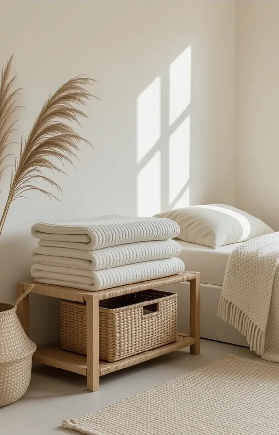 3/4 view shallow woven basket shelf resting the
