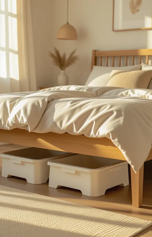 set four plastic bed risers tucked under the