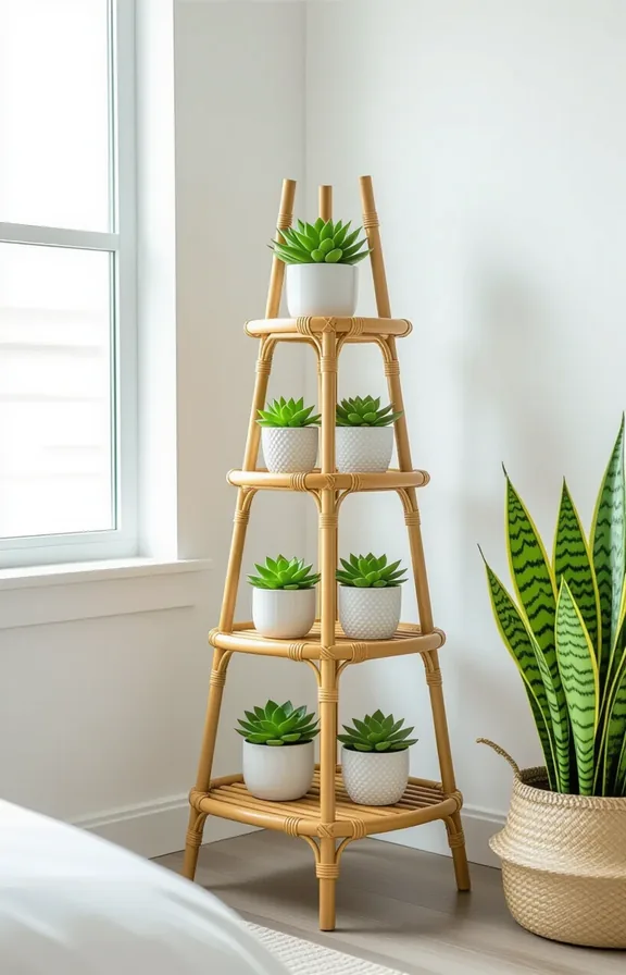 Medium shot three-tiered bamboo plant stand holding small