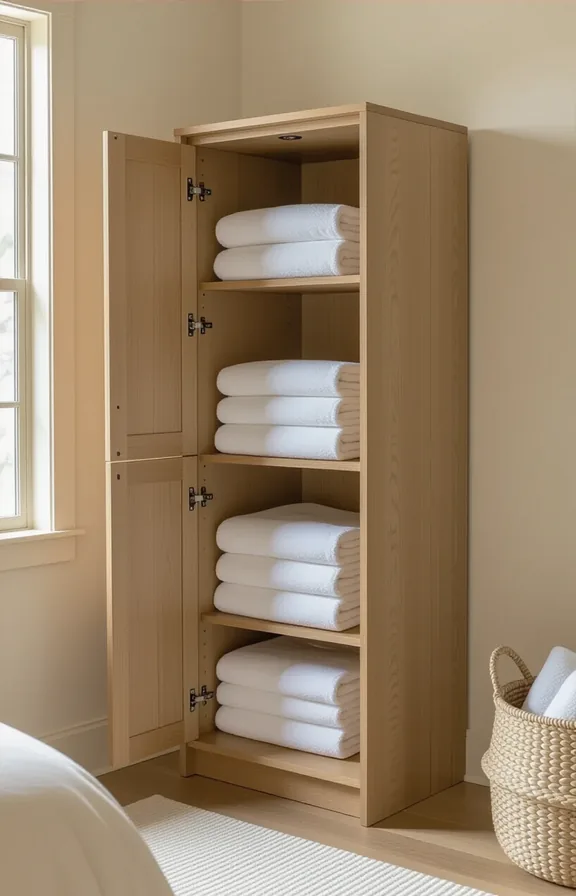 tall narrow freestanding cabinet light wood finish bedroom