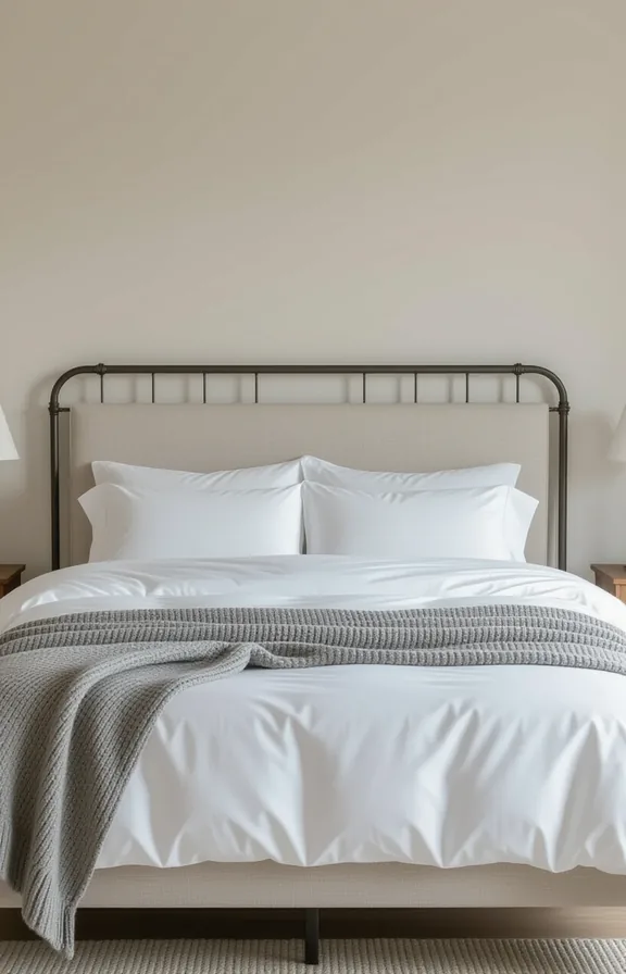 Medium shot queen-size bed with simple upholstered headboard