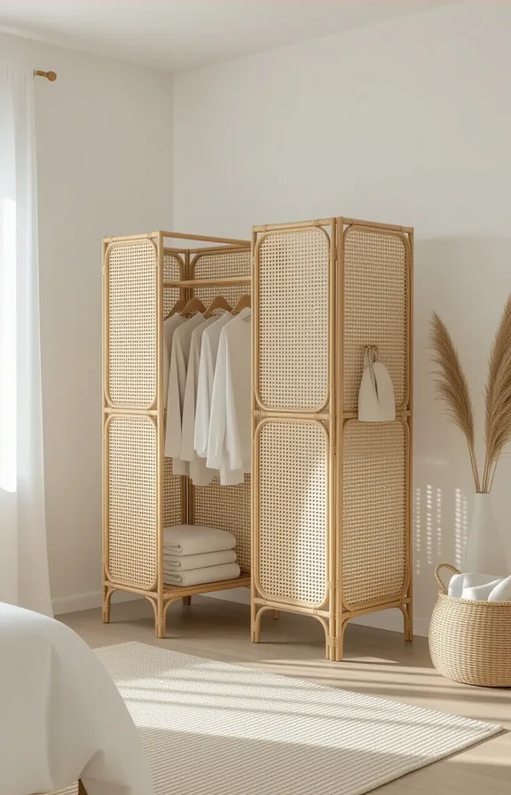 3/4 view lightweight freestanding cane room divider placed