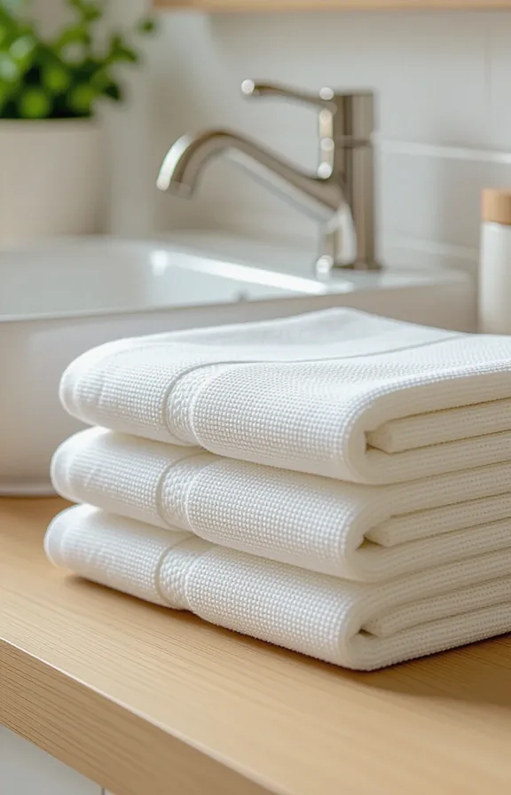 3/4 view stack three textured off-white linen dish