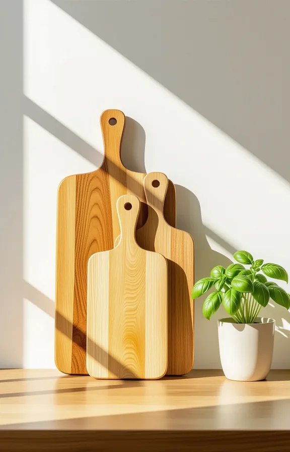 3/4 view collection three wooden cutting boards different