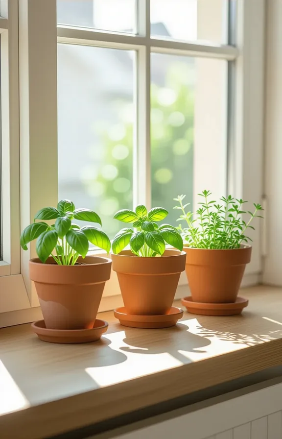 Eye-level view sunny windowsill rental kitchen with three