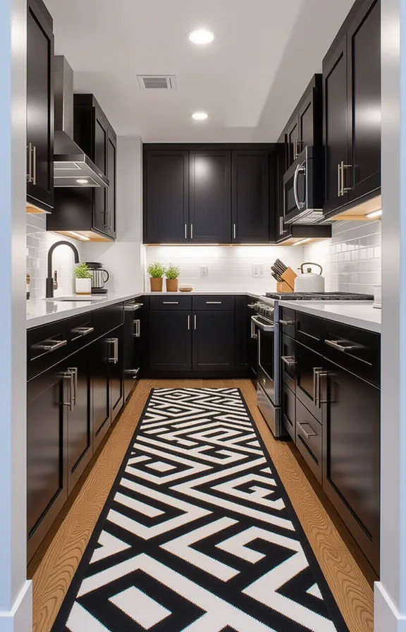 Eye-level 3/4 view narrow galley-style rental kitchen with
