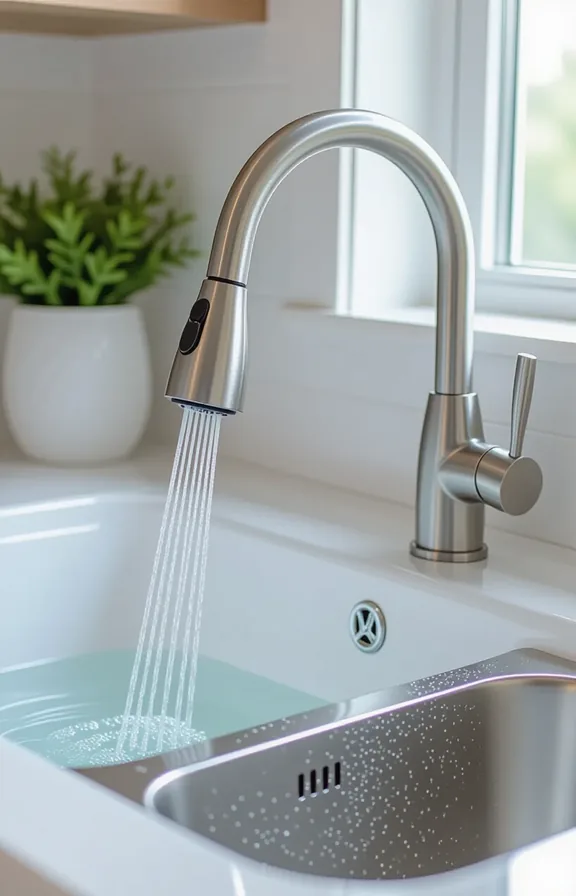 3/4 view standard rental kitchen faucet with brushed
