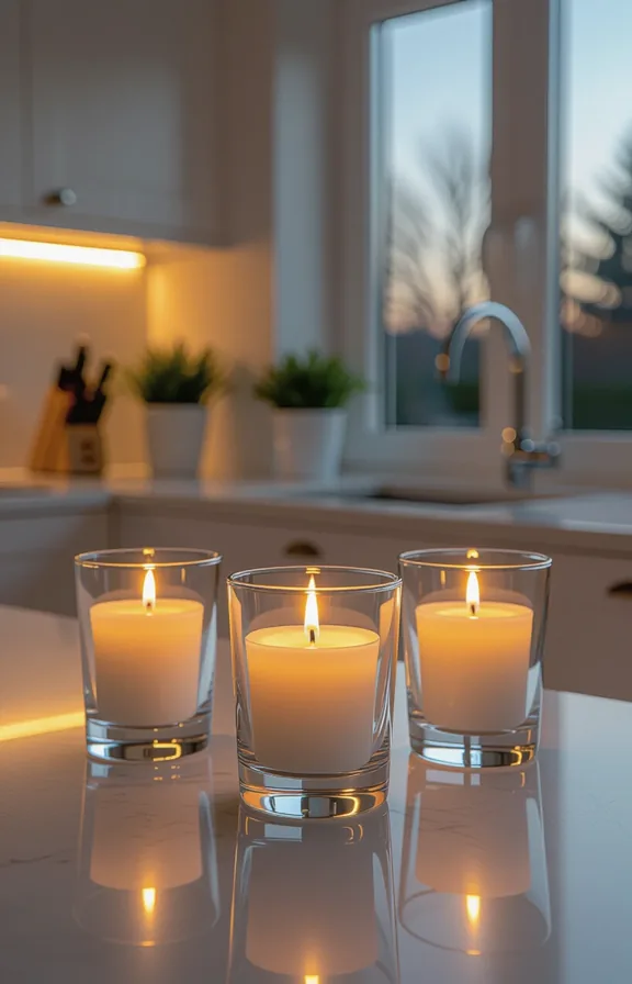 Eye-level view kitchen counter corner dusk with three