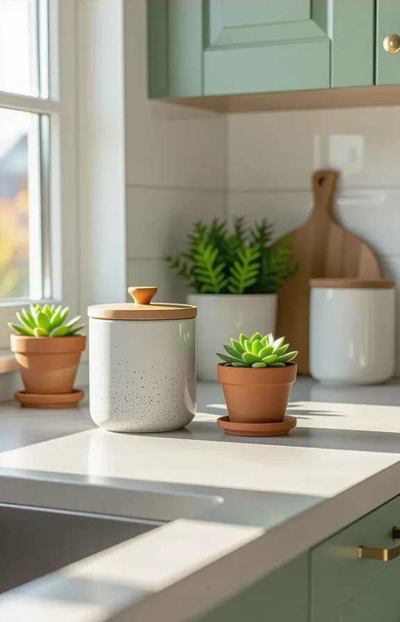 Eye-level view modern rental kitchen countertop with concrete-look