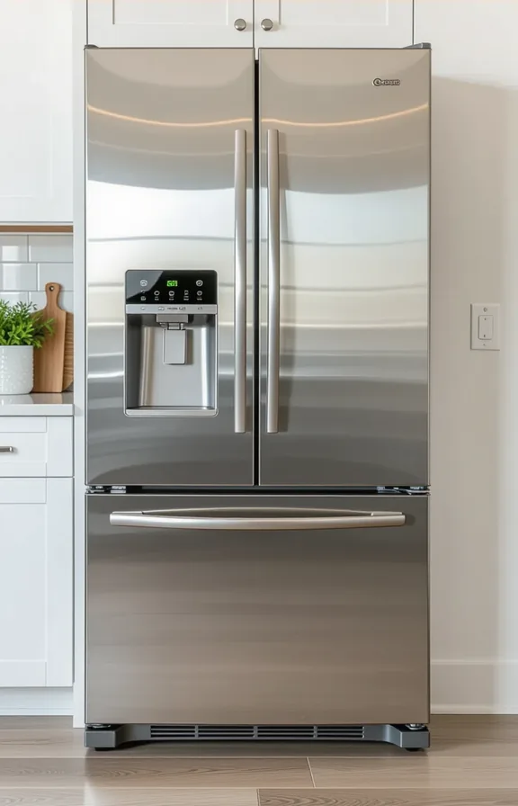Eye-level view vintage-looking white refrigerator rental kitchen with
