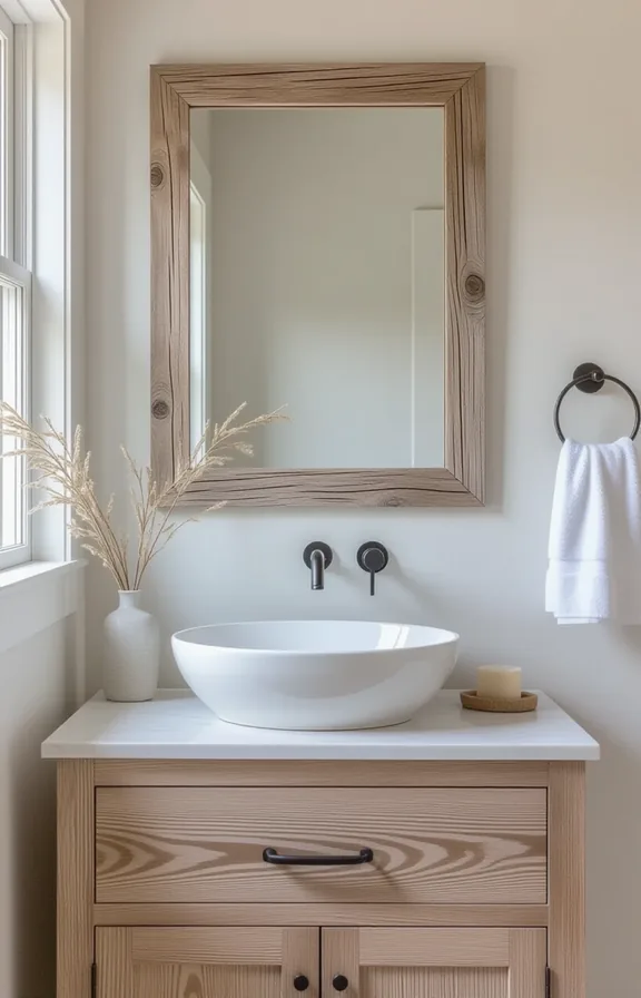 vertical bathroom vanity with driftwood-framed mirror. The mirror's