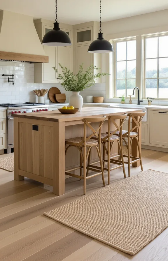 kitchen with wide-plank hardwood floors. large natural seagrass