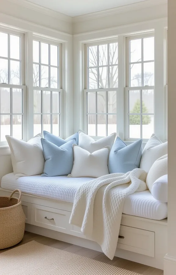 wide shot sunroom daybed built into nook. piled