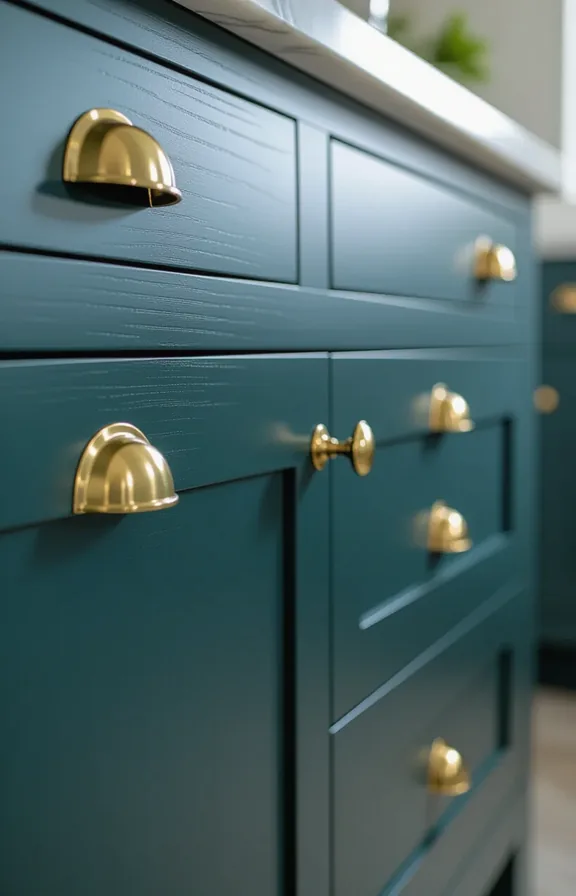 three-quarter view kitchen cabinet with brass cup pulls.