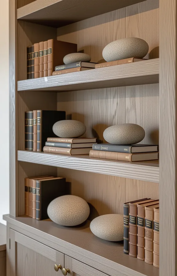 built-in bookshelves cozy den. The shelves are styled