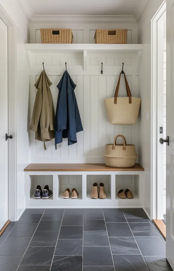 medium shot practical mudroom with dark slate tile