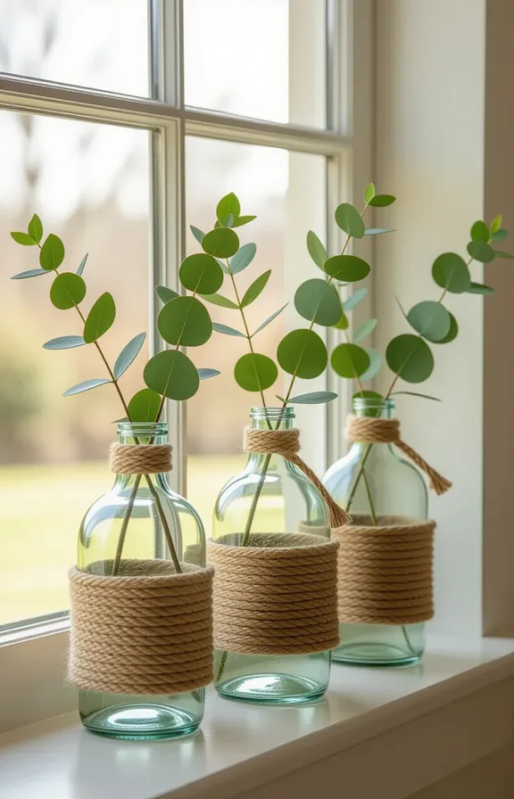windowsill displaying simple glass bottles. Their necks are