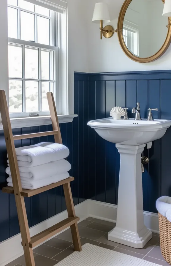 three-quarter view medium-sized bathroom with navy blue beadboard