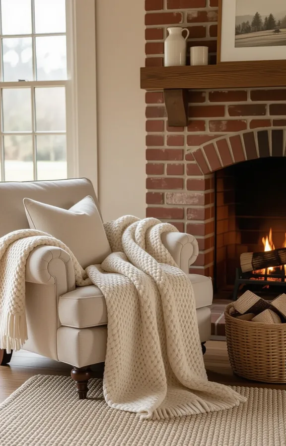 three-quarter view living room armchair fireplace. thick soft