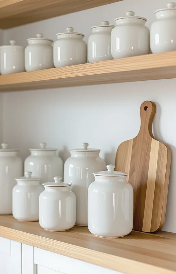 vertical shot collection white ceramic jars open shelving.