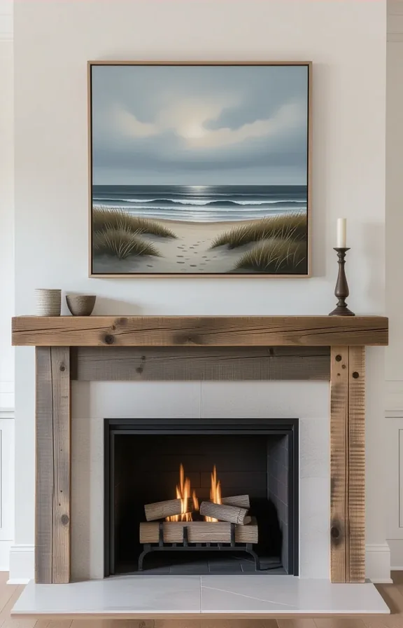 fireplace with mantel made reclaimed wood. The wood