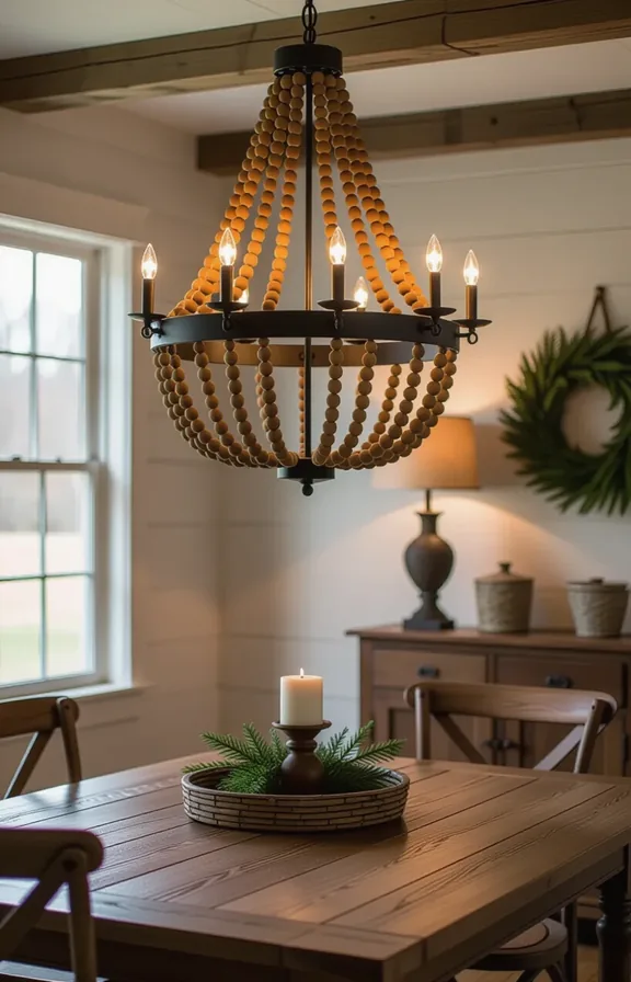 three-quarter view looking dining room chandelier. made strung