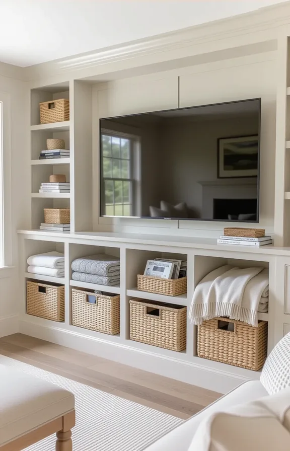 medium shot family room with built-in cabinetry below