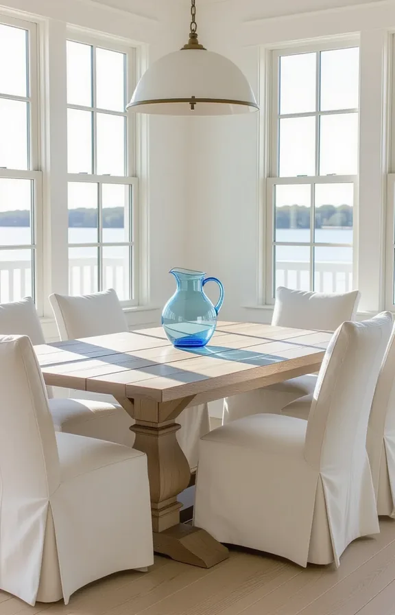 medium shot coastal dining room with long wooden