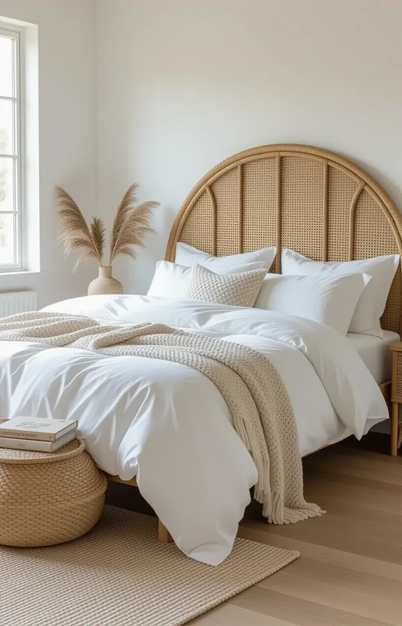 eye-level view bedroom with low curved rattan headboard.