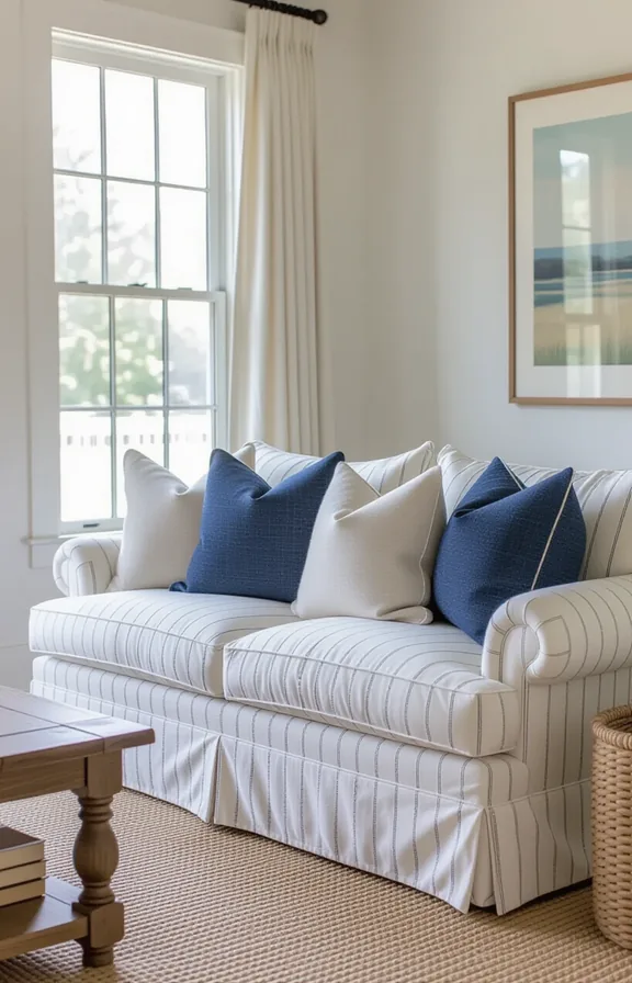 three-quarter view living room with large comfortable sofa.