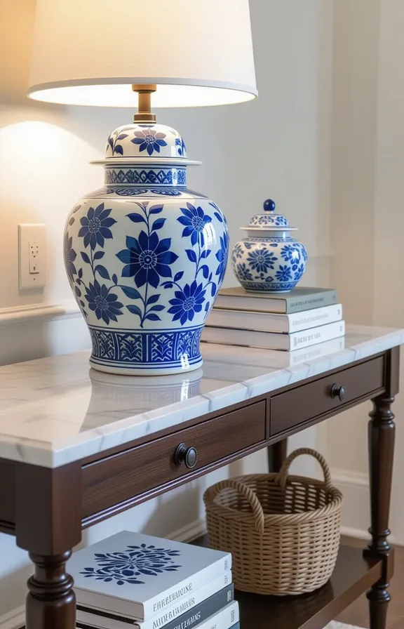entryway console table topped with white marble. large