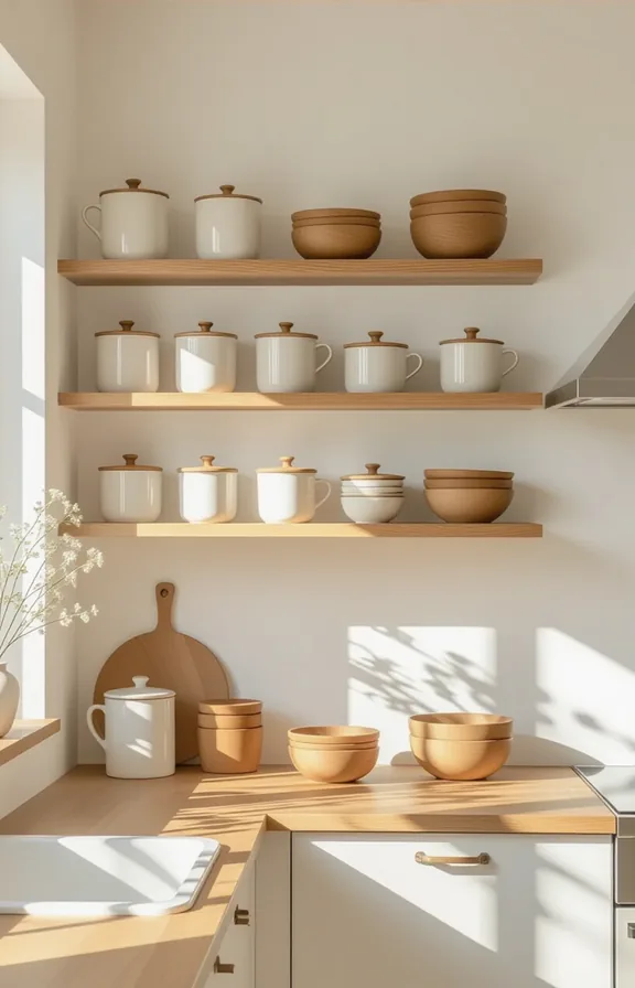 Medium shot small apartment kitchen. Warm-toned open wood