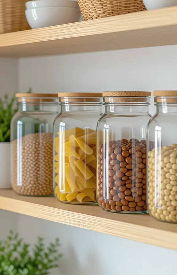 Close-medium shot minimalist kitchen shelf. Clear glass jars