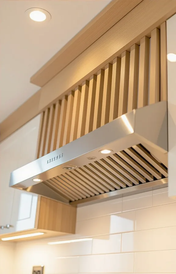 Eye-level detail shot kitchen ventilation hood. clad thin