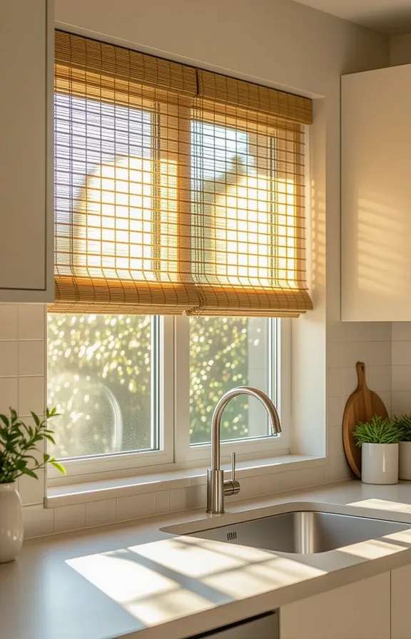 Wide shot small kitchen with window. Natural bamboo