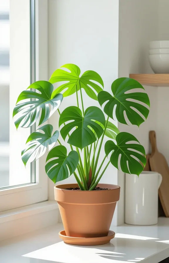 3/4 view kitchen counter corner. large healthy monstera
