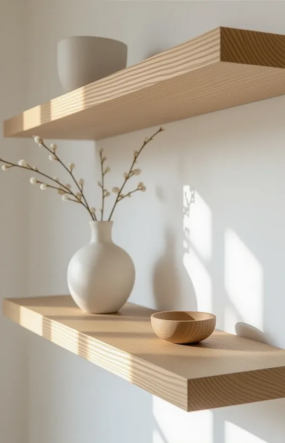 Detail shot single deep white oak floating shelf.