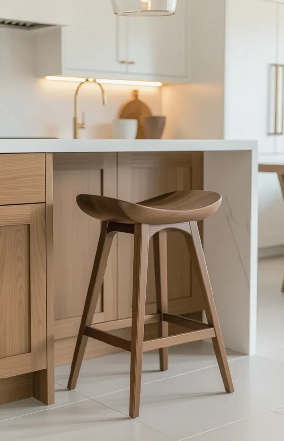 kitchen island peninsula. single wood stool with rounded