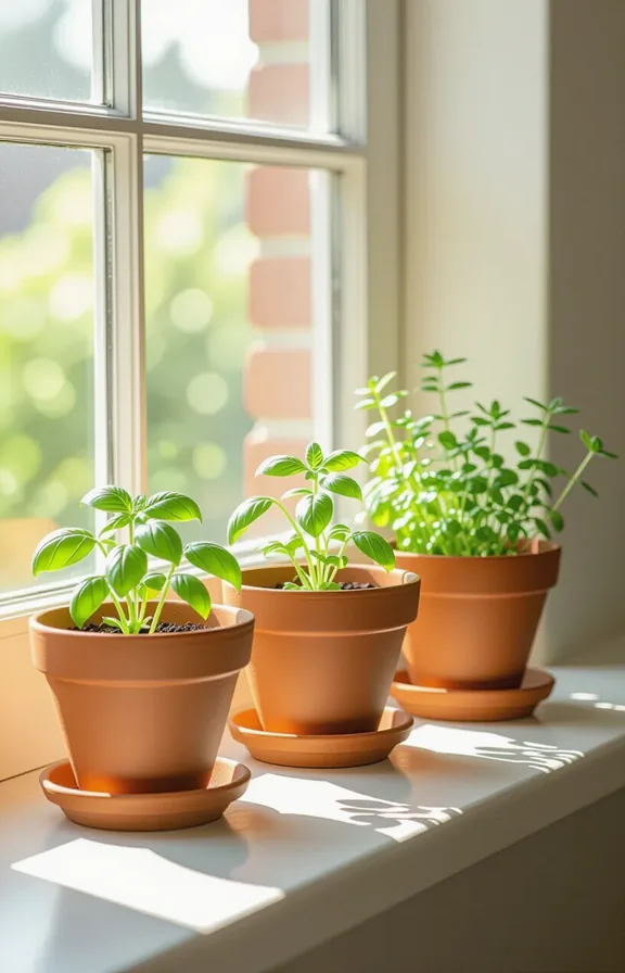 Close-medium shot sunny kitchen windowsill. Three small terracotta