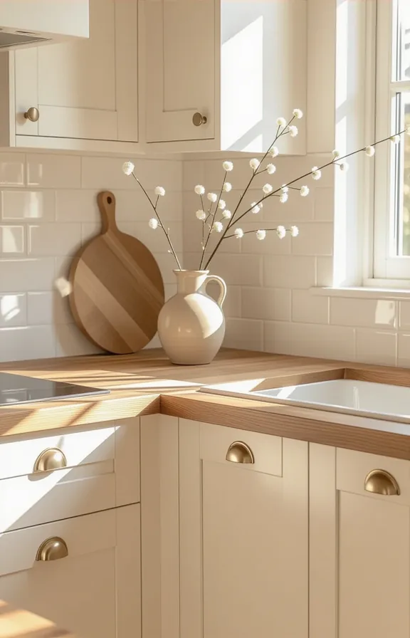 3/4 view compact kitchen corner. butcher block countertop