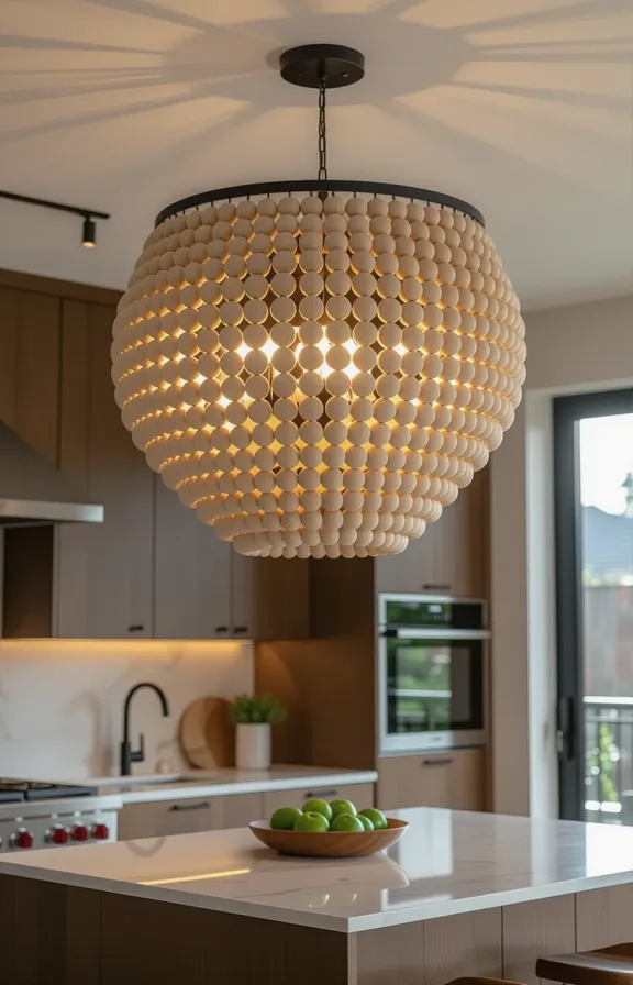 Medium shot looking kitchen's ceiling focal point. chandelier