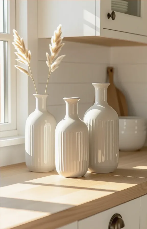 3/4 view kitchen counter shelf. trio fluted ceramic