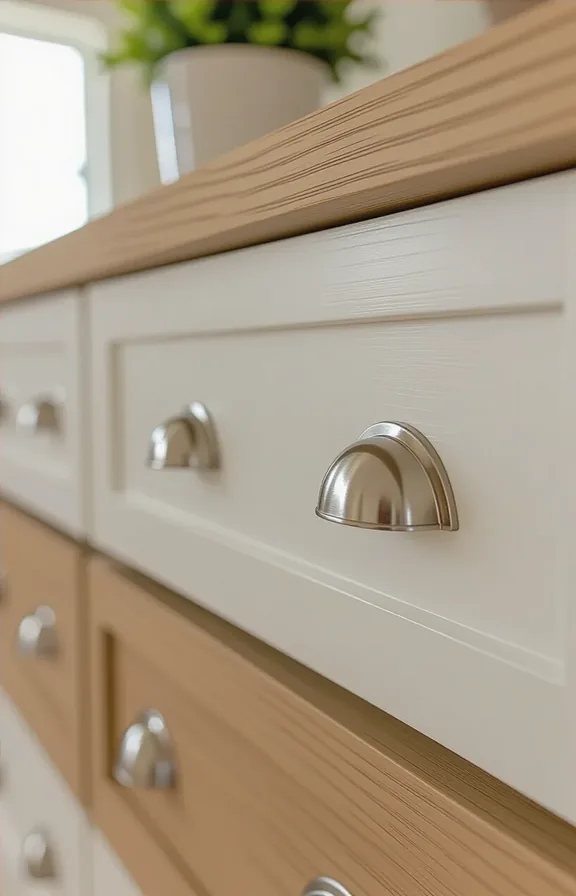 Extreme bank cabinet drawers. Brushed nickel cup pulls