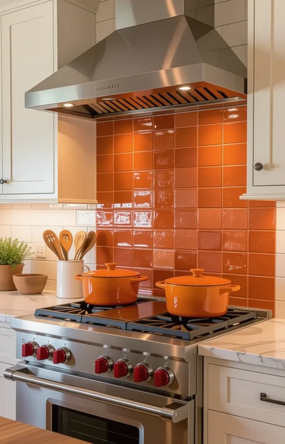 Medium shot compact kitchen's backsplash area. Handmade terra