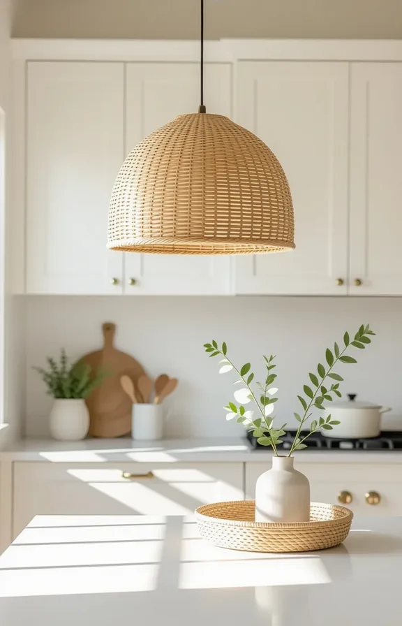 looking compact kitchen. single woven rattan pendant light
