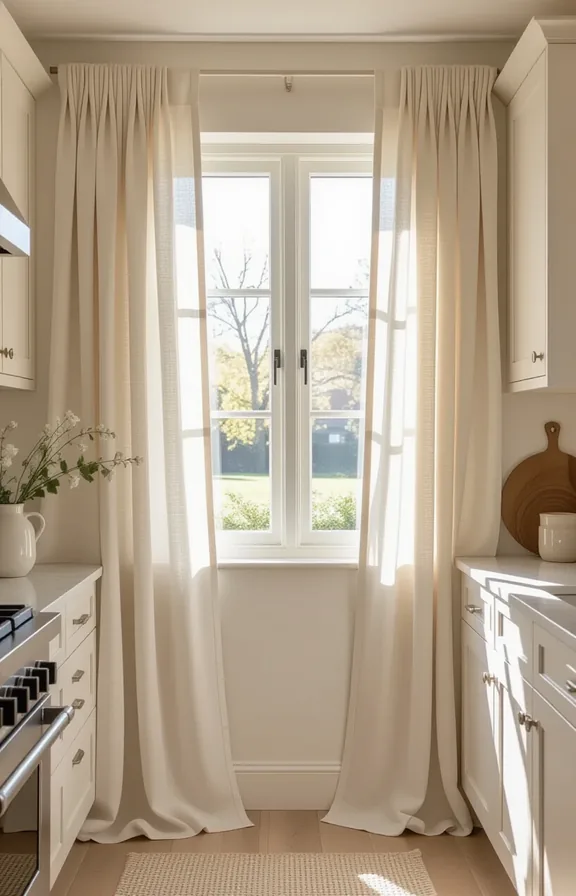 Wide shot small kitchen window. Floor-to-ceiling linen curtains