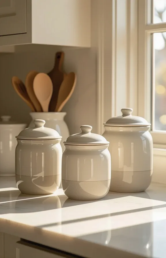 Close-medium shot kitchen countertop. grouping three glazed ceramic