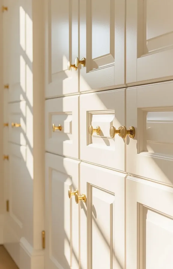 Medium shot focusing bank white cabinet doors. All