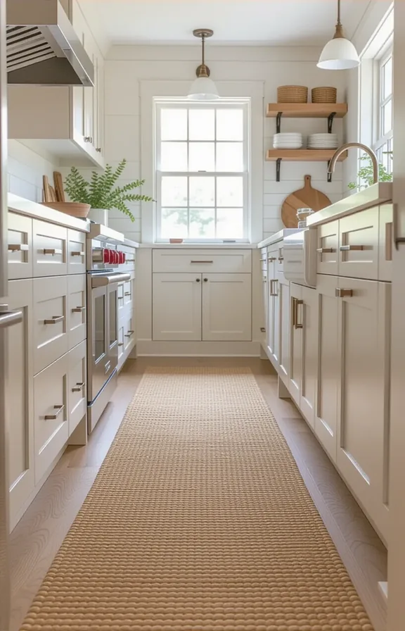 Wide shot narrow galley kitchen floor. long neutral-toned